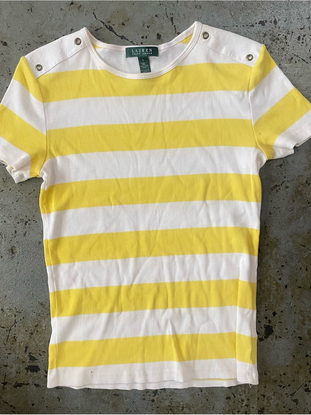 Ralph Lauren Yellow & White Striped Ribbed Short Sleeve Top with Button Detail L
